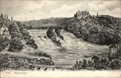 Künstler Ak Neuhausen am Rheinfall Kanton Schaffhausen, Rheinfall, Schloss Laufen, Eisenbahn