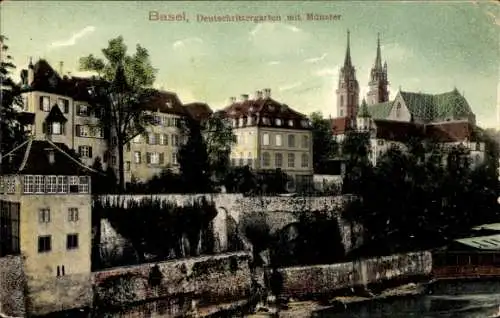 Ak Basel Stadt Schweiz, Deutschrittergarten mit Münster