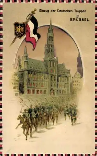 Haltgegendaslicht Litho Bruxelles Brüssel, Einzug der deutschen Truppen