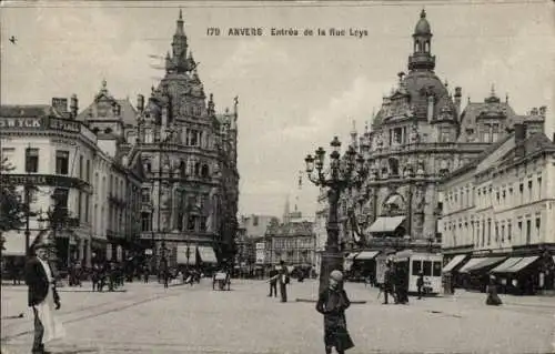 Ak Antwerpen Antwerpen Flandern, Eingang zur Rue Leys, Straßenbahn