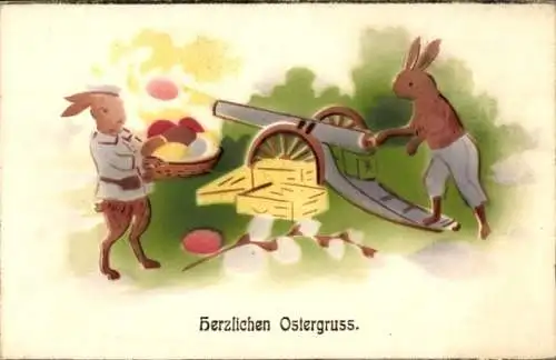 Ak Glückwunsch Ostern, Hasen feuern eine Kanone ab