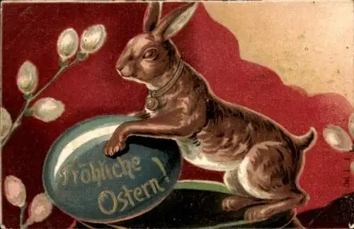 Präge Litho Glückwunsch Ostern, Hase, Osterei, Weidenkätzchen