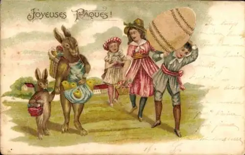 Präge Litho Glückwunsch Ostern, Vermenschlichte Hasen, Ostereier, Kinder, Küken