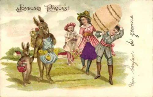 Präge Litho Glückwunsch Ostern, Vermenschlichte Hasen, Ostereier, Kinder, Küken