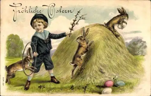 Präge Ak Glückwunsch Ostern, Hase springt durch einen Reifen, Ostereier, Weidenkätzchen