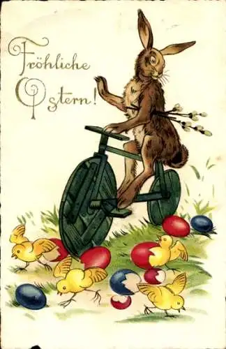Ak Glückwunsch Ostern, Hase auf einem Fahrrad, Ostereier, Küken, Weidenkätzchen
