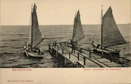 Ak Świnoujście Swinemünde Pommern, Seesteg, Anlegestelle der Segelboote