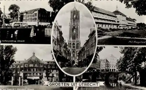 Ak Utrecht Niederlande, Catharijne-Brücke, Krankenhaus, Oudegracht, Dom