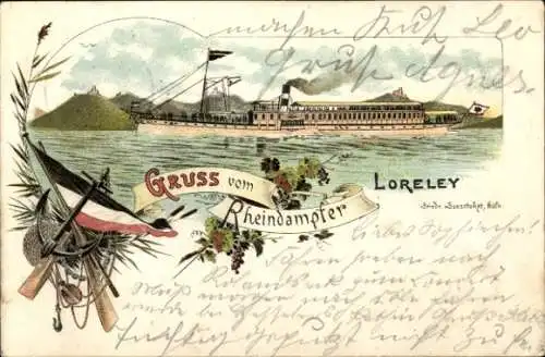 Litho Rheindampfer Loreley, Weinreben, Fahne