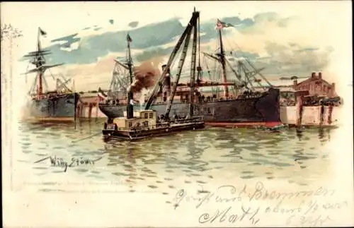 Künstler Litho Stöwer, Willy, Dampfer Soneck, DDG Hansa, Frachtschiff, Verladung eines Geschützlaufs