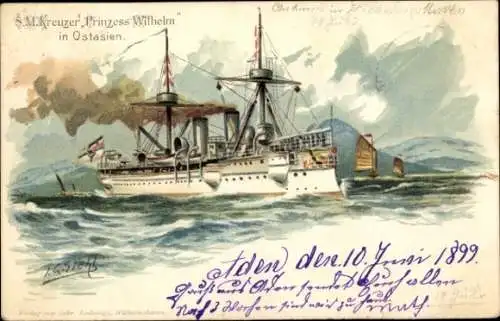 Künstler Litho Siehl, Deutsches Kriegsschiff, SMS Prinzess Wilhelm, Kreuzer in Ostasien