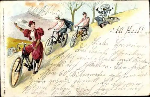 Litho All Heil, Radfahrer fahren Berg hinab, Sturz