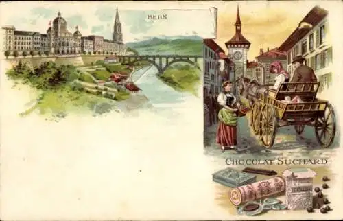 Litho Bern Stadt Schweiz, Teilansicht, Kutsche, Chocolat Suchard, Reklame