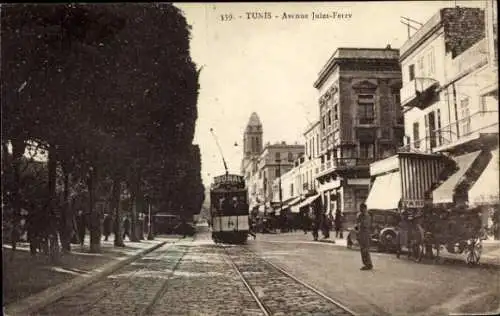 Ak Tunis Tunesien, Avenue Jules Ferry, Straßenbahn