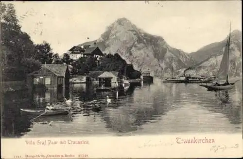 Ak Traunkirchen am Traunsee Oberösterreich, Villa Graf Paar mit Traunstein, Boote