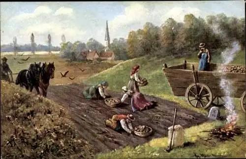 Künstler Litho Müller, A., Bauern bei der Kartoffelernte