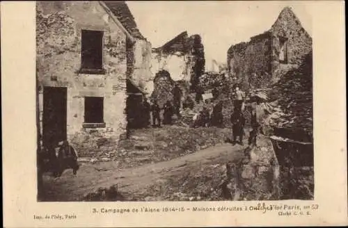 Ak Beaurieux Aisne, Aisne-Landschaft 1914-15 – Häuser in Oulches zerstört