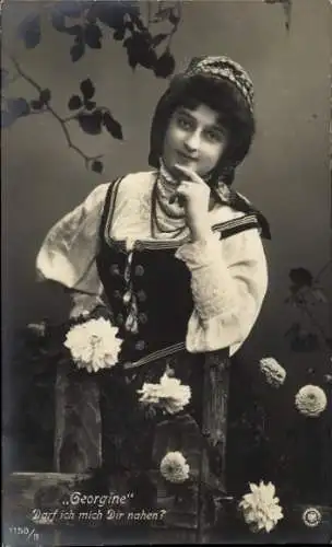 Ak Schauspielerin Georgine, Portrait, Lied Darf ich mich dir nahen, Blumen