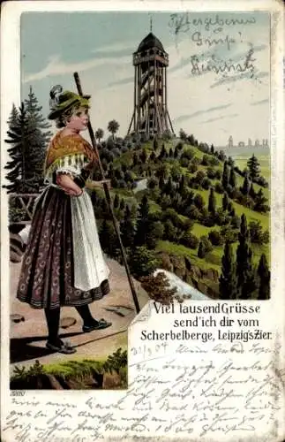 Litho Leipzig in Sachsen, Scherbelberg, Aussichtsturm, Frau in Tracht