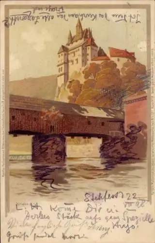 Künstler Litho Herrmann, Paul, Kriebstein Mittelsachsen, Schloss, Brückenpartie