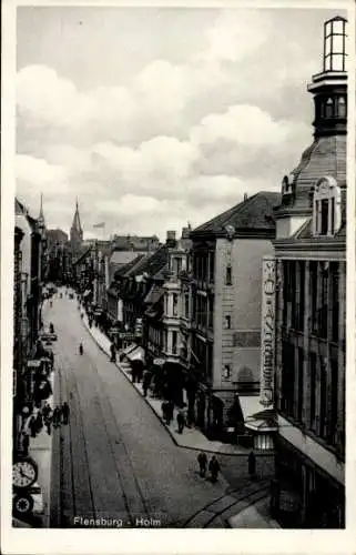 Ak Flensburg in Schleswig Holstein, Blick auf die Holm, Straßenpartie, Geschäfte, Mau und Andresen