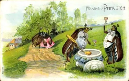 Ak Glückwunsch Pfingsten, Vermenschlichte Maikäfer