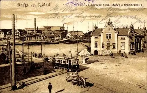 Ak Libau Lettland, Straßenbahn, Hafen, Gebäude, Brücke