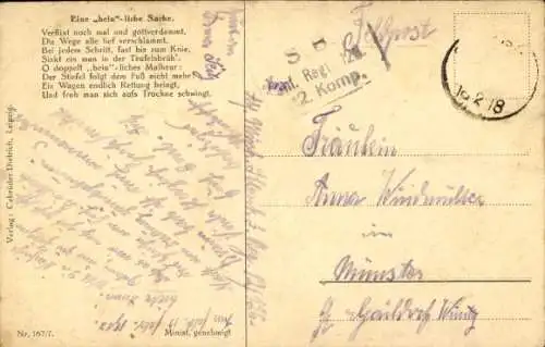 Künstler Ak Thiele, Arthur, Hinter der Front, Eine beinliche Sache, Fuhrwerk im Schlamm, Gedicht