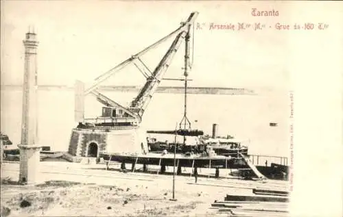 Ak Tarent Taranto Puglia, Hafenpartie, Hafenkran, Leuchtturm