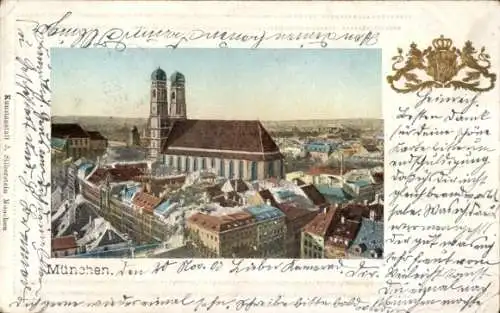Präge Ak München, Gesamtansicht, Kirche, Wappen