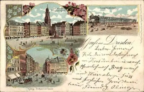 Litho Dresden, Hauptbahnhof, Alter Markt, Siegesdenkmal, König-Johannstraße