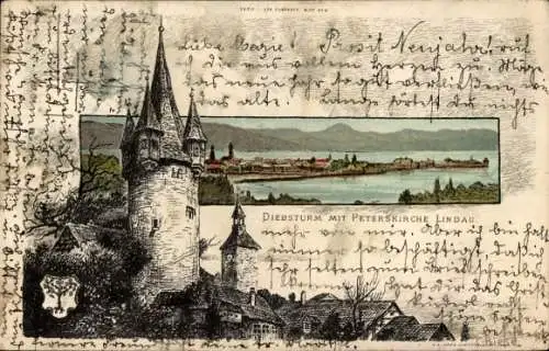 Litho Lindau am Bodensee Schwaben, Diebsturm, Peterskirche