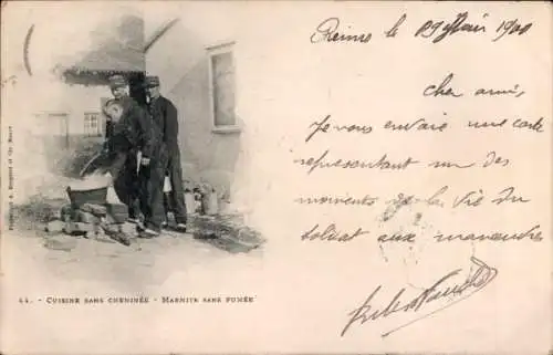 Ak Französische Soldaten beim Kochen, Kessel, Soldatenleben