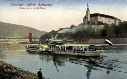 Ak Děčín Tetschen Bodenbach Elbe Region Aussig, Kettenbrücke und Schloss, Salondampfer