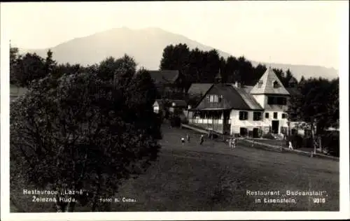 Ak Železná Ruda Markt Eisenstein Region Pilsen, Restaurant Badeanstalt