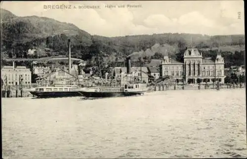 Ak Bregenz in Vorarlberg, Hafenpartie, Postamt, Blick vom Wasser aus, Raddampfer