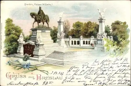 Litho Wrocław Breslau Schlesien, Denkmal Kaiser Wilhelm I., Schweidnitzer Straße