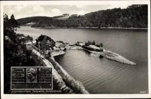 Ak Złotniki Lubańskie Goldentraum Schlesien, Talsperre, Jugendseehaus