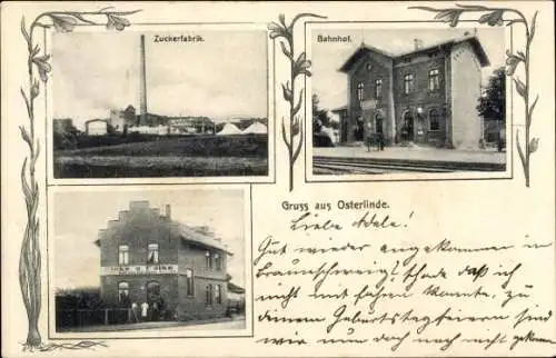 Ak Osterlinde Salzgitter in Niedersachsen, Zuckerfabrik, Bahnhof, Gleisseite, Geschäft
