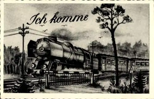 Künstler Ak Ich komme, Dampflokomotive, Bahnübergang, Eisenbahn