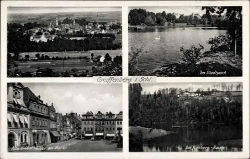 Ak Gryfów Śląski Greiffenberg Schlesien, Stadtpark, Alte Giebelhäuser am Markt, Kienberg-Baude
