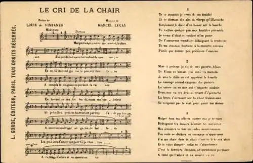 Lied Ak Le Cri de la Chair, Text Louis de Simianes, Musik Marcel Legay