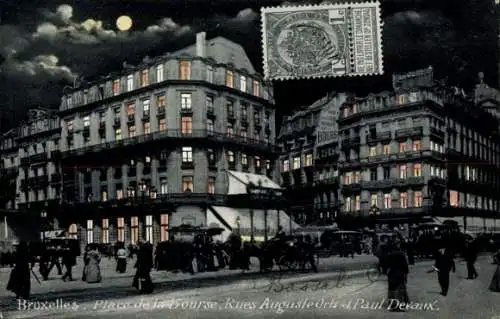 Mondschein Ak Bruxelles Brüssel, Place de la Bourse, Rues Auguste Orts et Paul Devaux