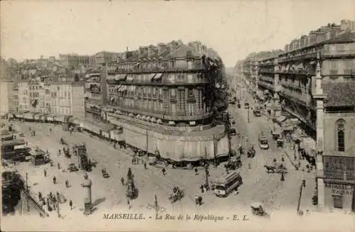 Ak Marseille Bouches du Rhône, Rue de la République, Straßenbahn