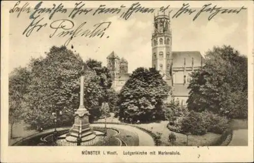 Ak Münster in Westfalen, Ludgerikirche mit Mariensäule