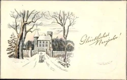 Ak Glückwunsch Neujahr, Frau mit Kind, Schloss