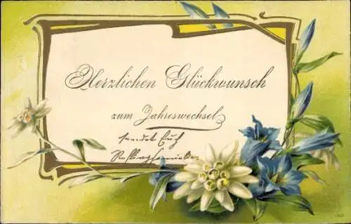 Präge Litho Glückwunsch Neujahr, Edelweiß