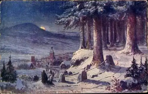 Ak Glückwunsch Neujahr, Winterlandschaft bei Nacht, Wald