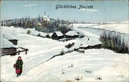 Künstler Ak Glückwunsch Neujahr, Frau, Schnee, Winter