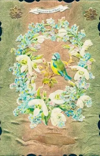 Ak Glückwunsch 1. April, Blumen, Meisen, Vergissmeinnicht, Schneeglocken